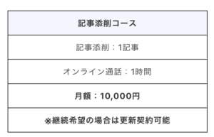 記事添削コース
記事添削：1記事
オンライン通話：1時間
月額：10,000円
※継続希望の場合は更新契約可能
Webライターやブログで稼ぐには
しっかりとした記事が
書ける必要があります。

当スクールの記事添削コースでは
現状のあなたの記事を
文章のプロが丁寧に添削し
フィードバックを送ります！